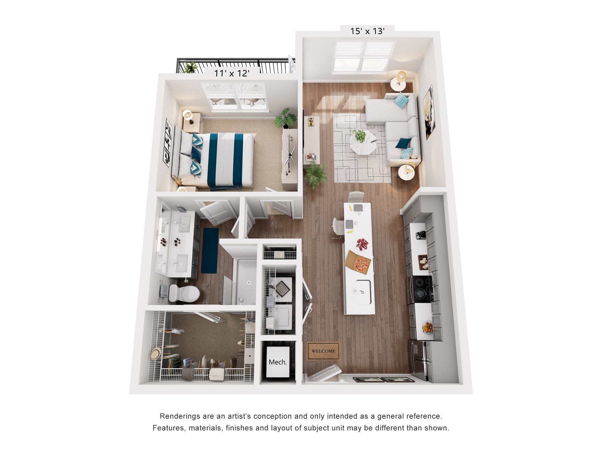 Floor plan for 1 bed, 1 bath, 774 sqft
